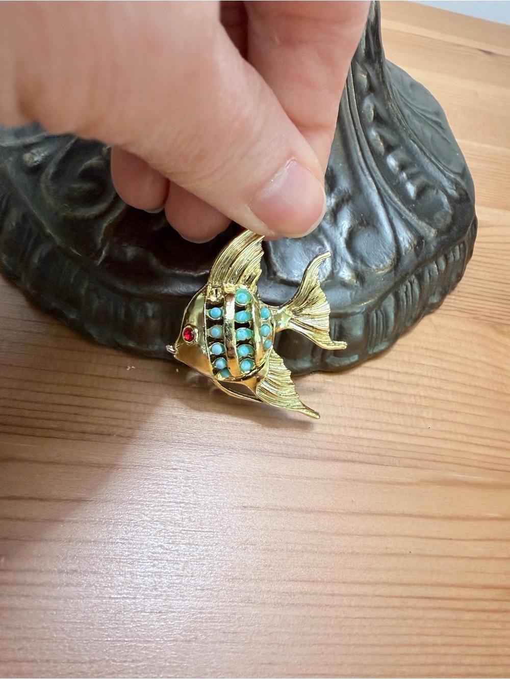 Vintage Gold Fish Pin with Turquoise and Red Accents